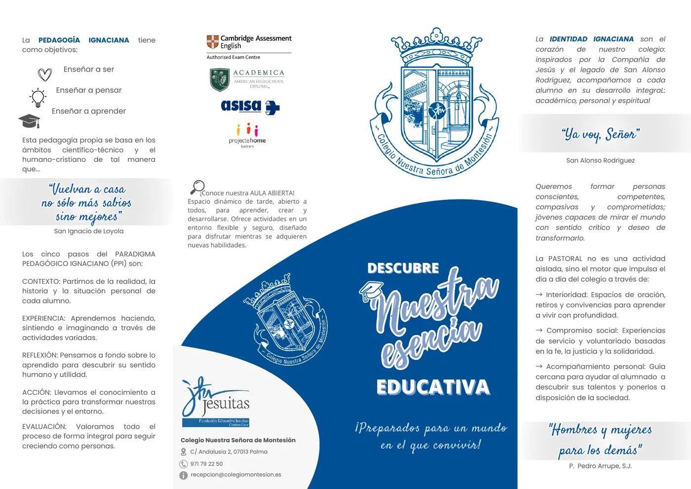 Tríptico del colegio, cara exterior: pedagogía ignaciana, paradigma pedagógico ignaciano y pastoral